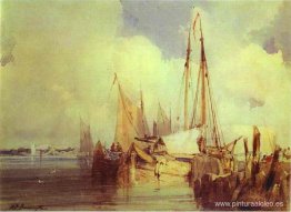 Escena del río francés con barcos de pesca Escena del río francés con barcos de pesca