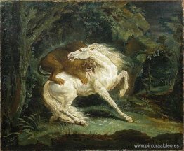 Caballo atacado por un león Caballo atacado por un león