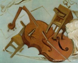 Cama, silla y mesita de noche atacando ferozmente a un violonche Cama, silla y mesita de noche atacando ferozmente a un violonche