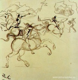 Guerreros surrealistas para una pantalla de cuatro partes, centr Guerreros surrealistas para una pantalla de cuatro partes, centr