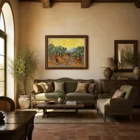 Olivos con cielo amarillo y sol. — Villa italiana