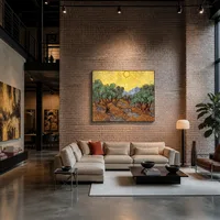 Olivos con cielo amarillo y sol. — Casa de coleccionista