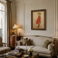 Niña con pelo rubio con un vestido rojo — Apartamento parisino