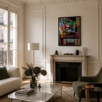 Guitarra, botella, frutero y vaso sobre la mesa. — Apartamento parisino