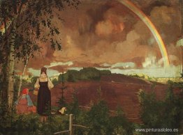 Paisaje con dos campesinas y un arcoiris. Paisaje con dos campesinas y un arcoiris.