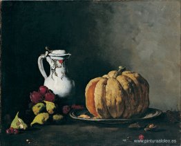 Bodegón con calabaza, ciruelas, cerezas, higos y jarra. Bodegón con calabaza, ciruelas, cerezas, higos y jarra.