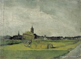 Paisaje con carro de heno, torres de iglesia y molino de viento. Paisaje con carro de heno, torres de iglesia y molino de viento.