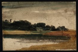 Árboles cerca de un lago o río en el crepúsculo Árboles cerca de un lago o río en el crepúsculo