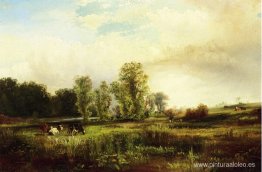Paisaje de verano con vacas Paisaje de verano con vacas
