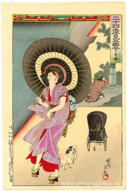 Mujer caminando bajo la lluvia, mirando un rickshaw Mujer caminando bajo la lluvia, mirando un rickshaw