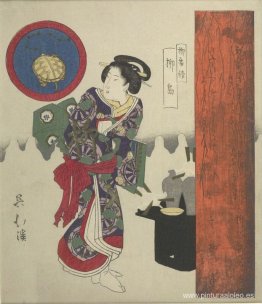 Mujer de pie junto a la bandeja de laca con sake Mujer de pie junto a la bandeja de laca con sake