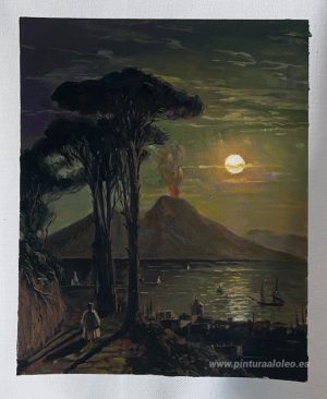 La Bahía de Nápoles en una noche de luna. Vesubio