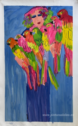 Dama Azul con Loros