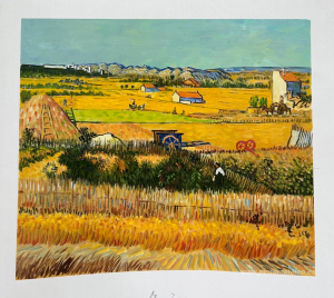 Vendimia en La Crau, con Montmajour al fondo