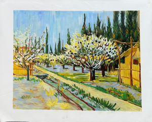 Huerto en flor, rodeado de cipreses