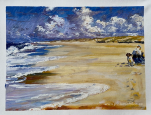 Marie Krøyer pintando en la playa de Stenbjerg