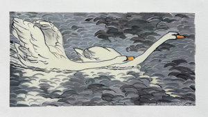 Xilografía coloreada Dos cisnes