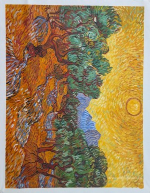 Olivos con cielo amarillo y sol.