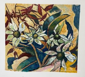 Flores de franela y hojas de goma.