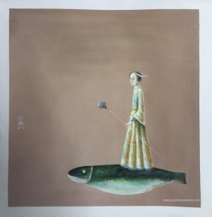 niña con flores azules