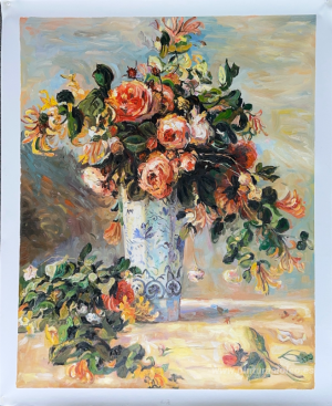 Rosas y jazmines en un jarrón de Delft