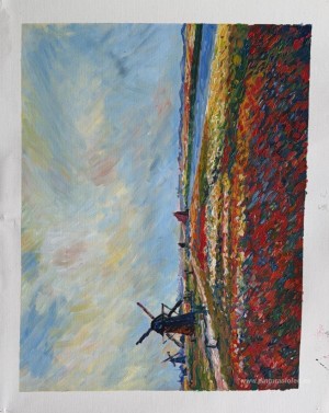 Campos de flores y molinos de viento cerca de Leiden