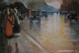 Berliner Straße mit Droschken en Regen Berliner Straße mit Droschken en Regen