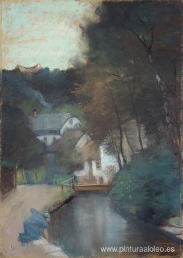 Häuser am Fluss mit einer waschenden Frau Häuser am Fluss mit einer waschenden Frau