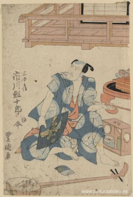 El actor Ichikawa Ebijuro, sentado en el suelo con shamisen a su El actor Ichikawa Ebijuro, sentado en el suelo con shamisen a su