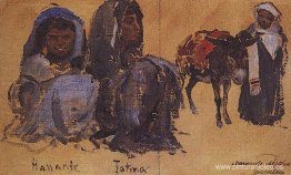 Dos figuras femeninas. Una figura masculina con un burro. Dos figuras femeninas. Una figura masculina con un burro.