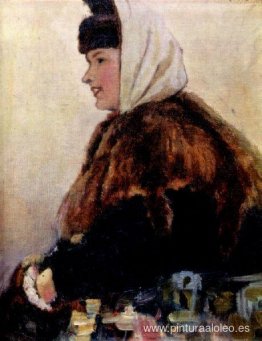 Retrato de mujer joven en abrigo de piel con manguito Retrato de mujer joven en abrigo de piel con manguito