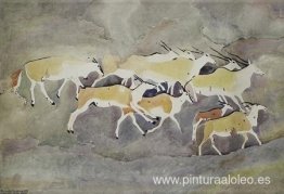 Arte rupestre: grupo de Eland, uno de ellos con un cuerno arruga Arte rupestre: grupo de Eland, uno de ellos con un cuerno arruga