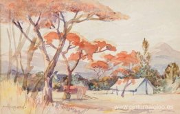 Una tienda de campaña y un carro en un paisaje boscoso. Una tienda de campaña y un carro en un paisaje boscoso.