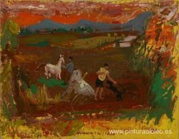 Niños jugando con un perro y un pony Niños jugando con un perro y un pony